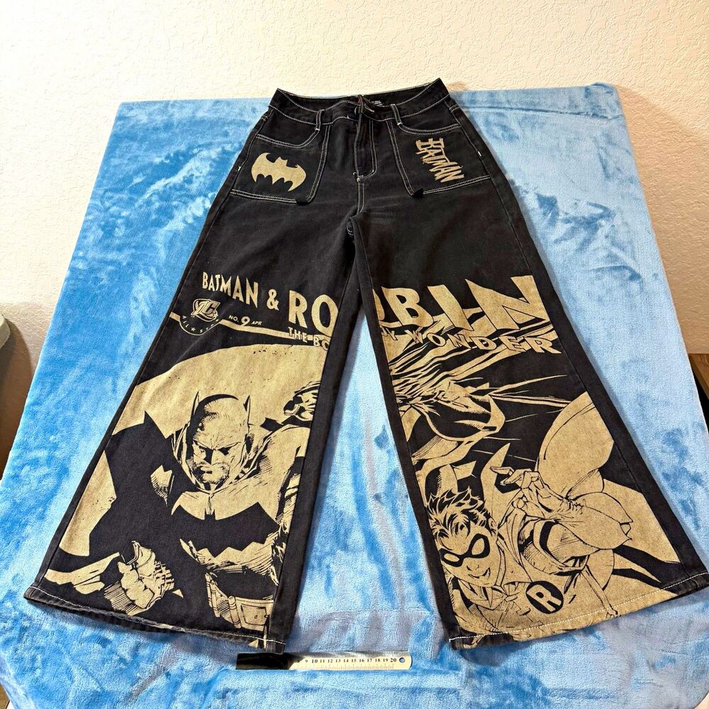 Batman X ROMWE Wide Leg Jeans Size M Graphic Print Cartoon Comic Grunge Y2K Goth